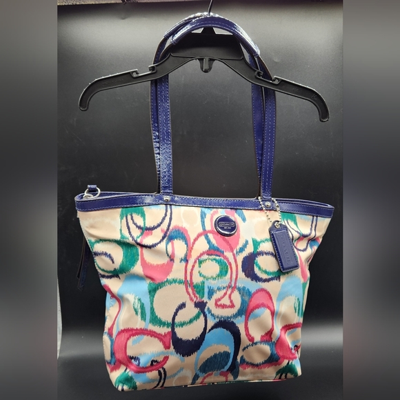 Gently Used Coach Signature Stripe Ikat Print Canvas Royal Blue Trimmed Tote Bag - Picture 12 of 16